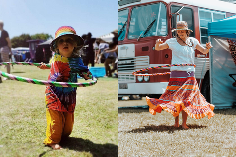 Two side by side images of a little girl with a hula hoop and a woman with a hula hoop, both spinning the hoop around their waists