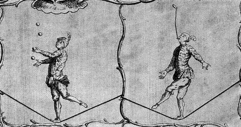 A sketch of tightrope walkers balancing on a rope and juggling with juggling balls
