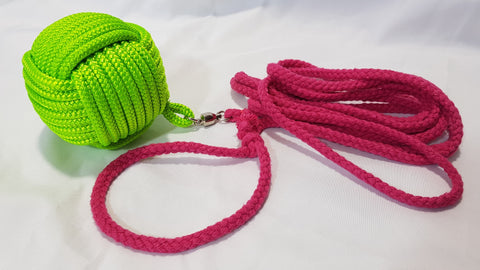 A pink and green rope dart sits against a white backdrop