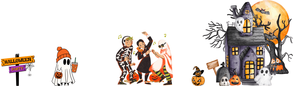 Halloween party illustration with ghosts, skeletons, pumpkins, and a haunted house, provided by Ultra Pro