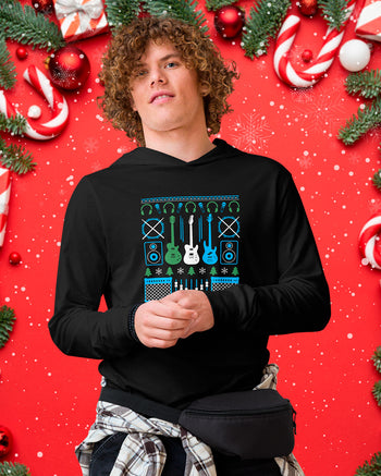 Musicians Christmas Hooded Long-Sleeve Tee  - Black / Green Blue