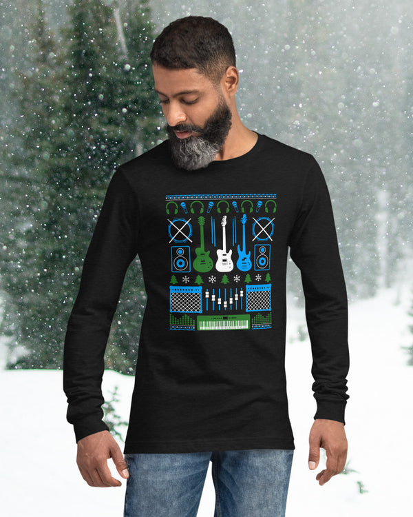 Musicians Christmas Long Sleeve T-Shirt - Black / Blue & Green - Photo 1