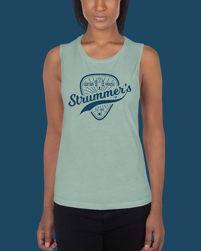 Strummers Guitar Shop Ladies’ Muscle Tank Top - Dusty Blue - Photo 4