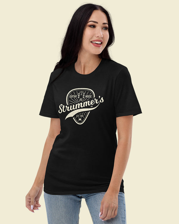 Strummers Guitar Shop Short Sleeve T-Shirt - Black with Cream - Photo 5