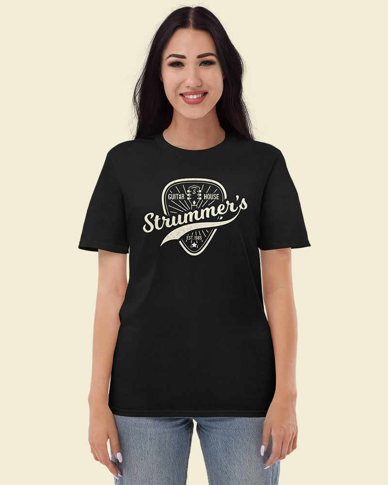 Strummers Guitar Shop Short Sleeve T-Shirt - Black with Cream - Photo 4