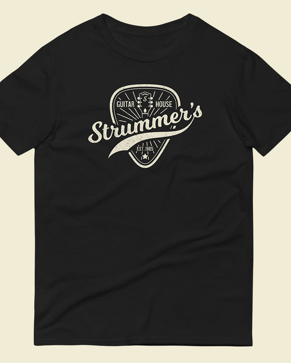 Strummers Guitar Shop Short Sleeve T-Shirt - Black with Cream - Photo 3