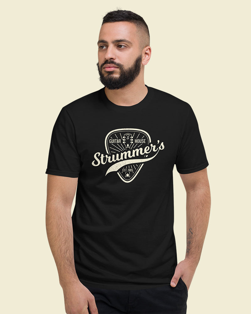 Strummers Guitar Shop Short Sleeve T-Shirt - Black with Cream - Photo 1