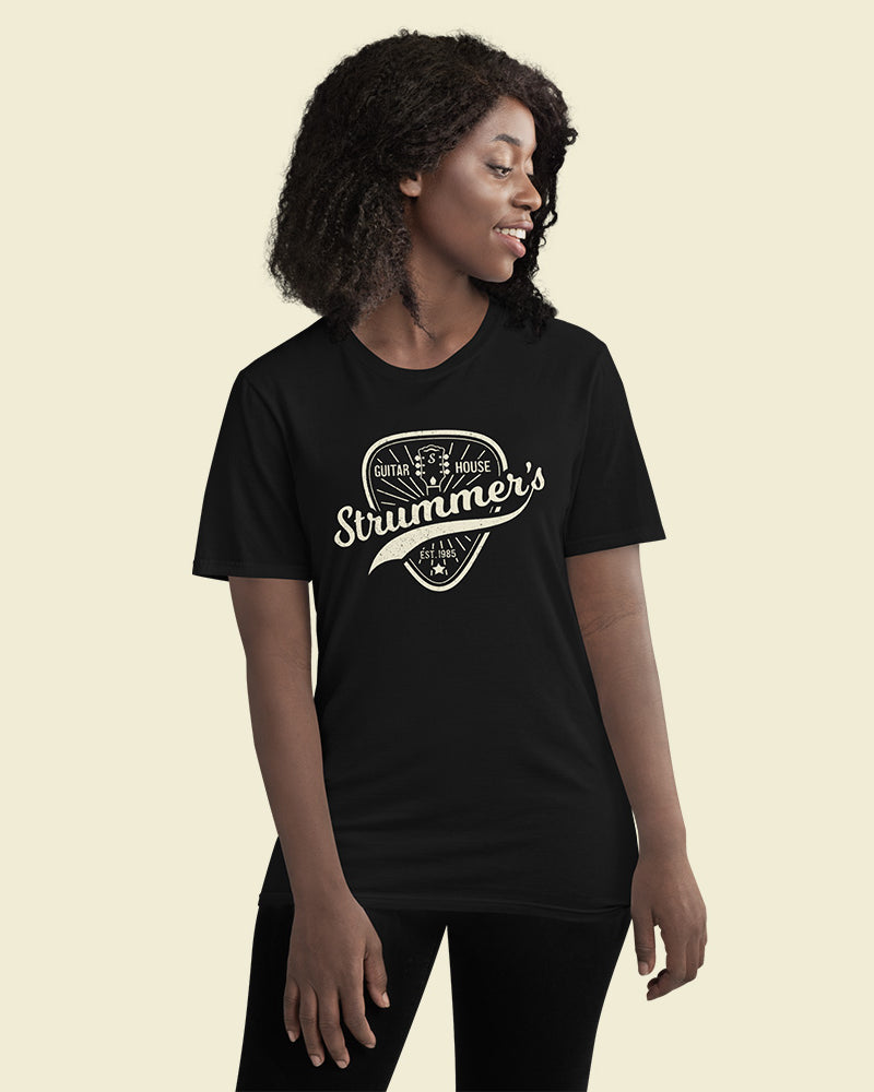 Strummers Guitar Shop Short Sleeve T-Shirt - Black with Cream - Photo 6