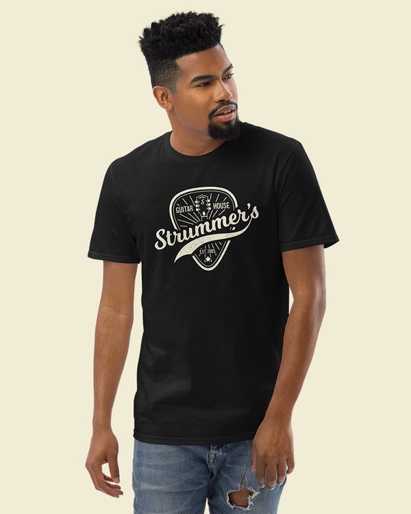 Strummers Guitar Shop Short Sleeve T-Shirt - Black with Cream - Photo 7