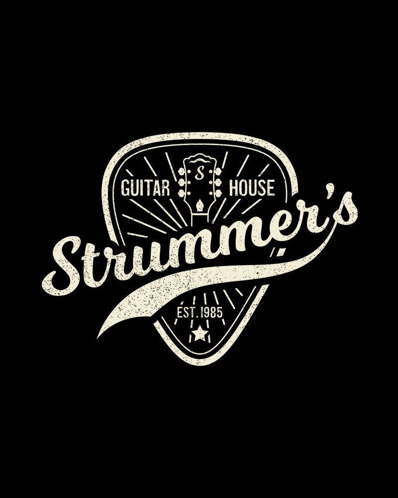 Strummers Guitar Shop Short Sleeve T-Shirt - Black with Cream - Photo 2