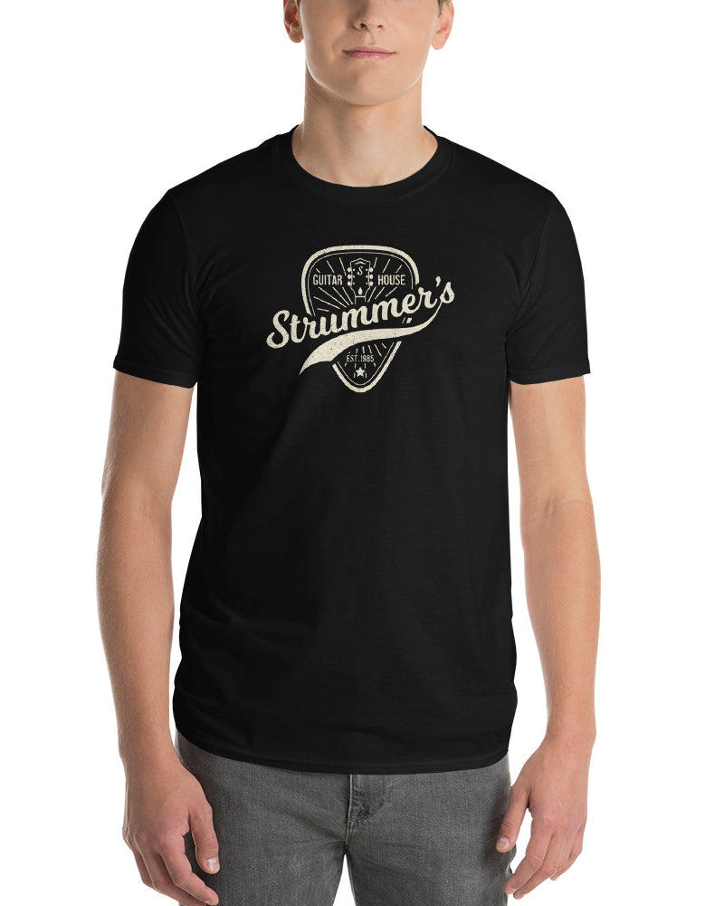 Strummers Guitar Shop Short Sleeve T-Shirt - Black with Cream - Photo 9