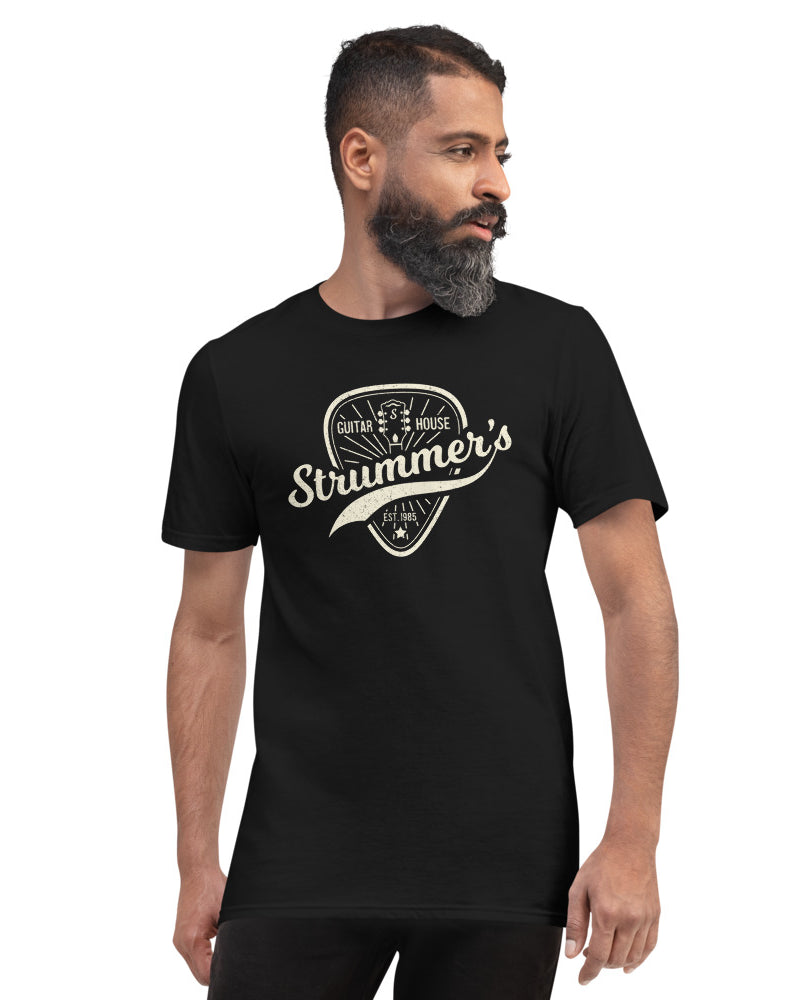 Strummers Guitar Shop Short Sleeve T-Shirt - Black with Cream - Photo 8