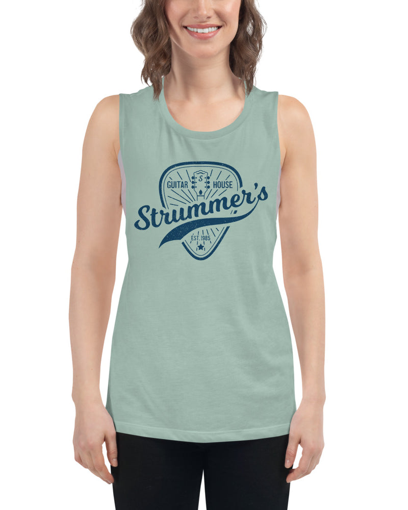 Strummers Guitar Shop Ladies’ Muscle Tank Top - Dusty Blue - Photo 3