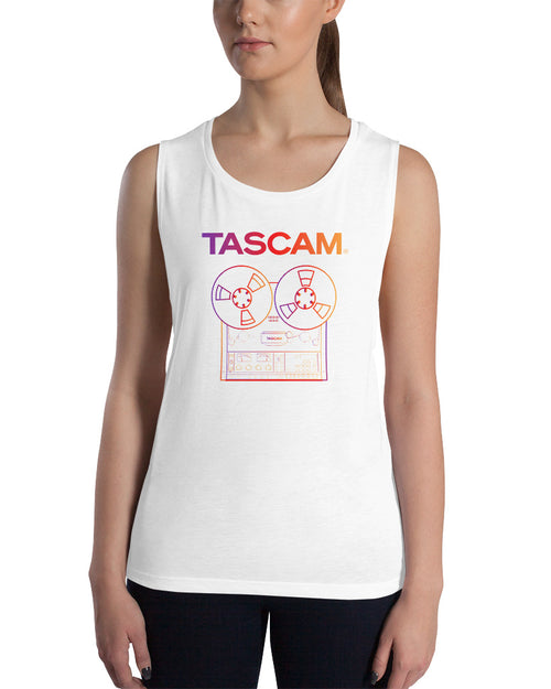 TASCAM Reel to Reel Ladies’ Muscle Tank Top  - White