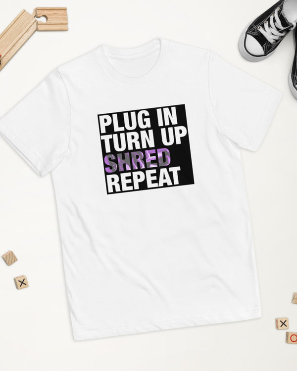 Plug In. Turn Up. Shred. Repeat. Guitarist Youth Jersey T-Shirt - White - Photo 5