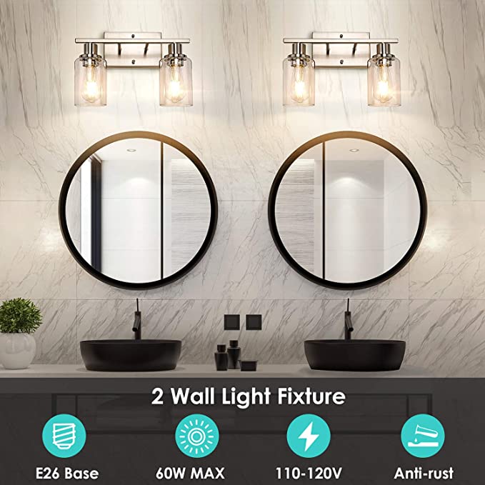 2-Light Bathroom Vanity Light Fixtures, Modern Wall Lighting with Clear Glass Shade, Brushed Nic...