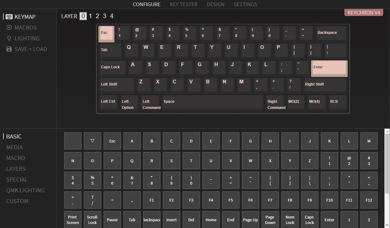 QMK VIA screen capture of Keychron V4 Custom Mechanical Keyboard