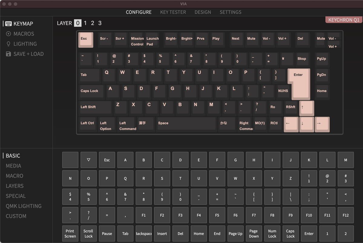 QMK VIA screen capture of Keychron Q1 75% Custom Mechanical Keyboard Knob version