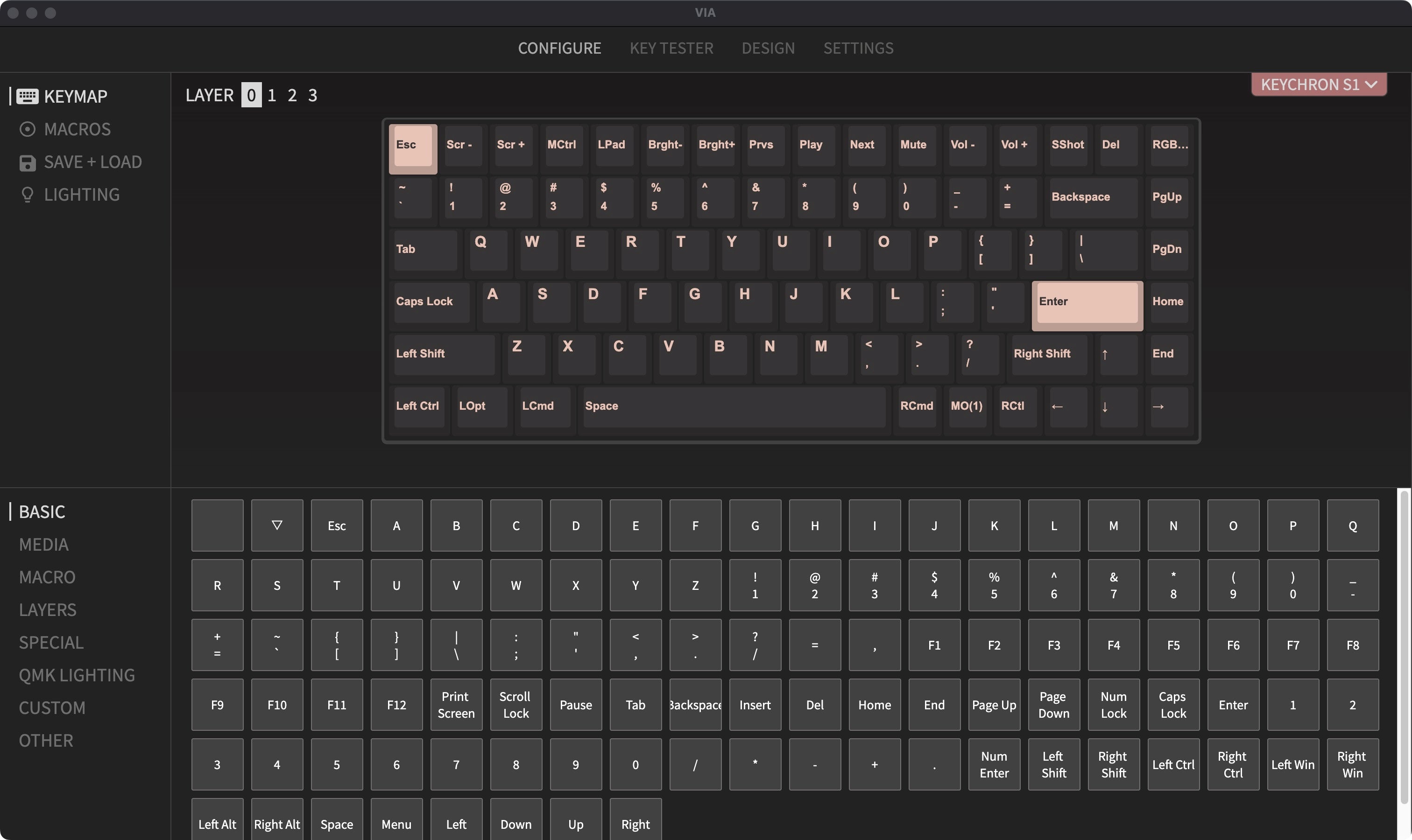 QMK VIA screen capture of Keychron S1 Custom Mechanical Keyboard