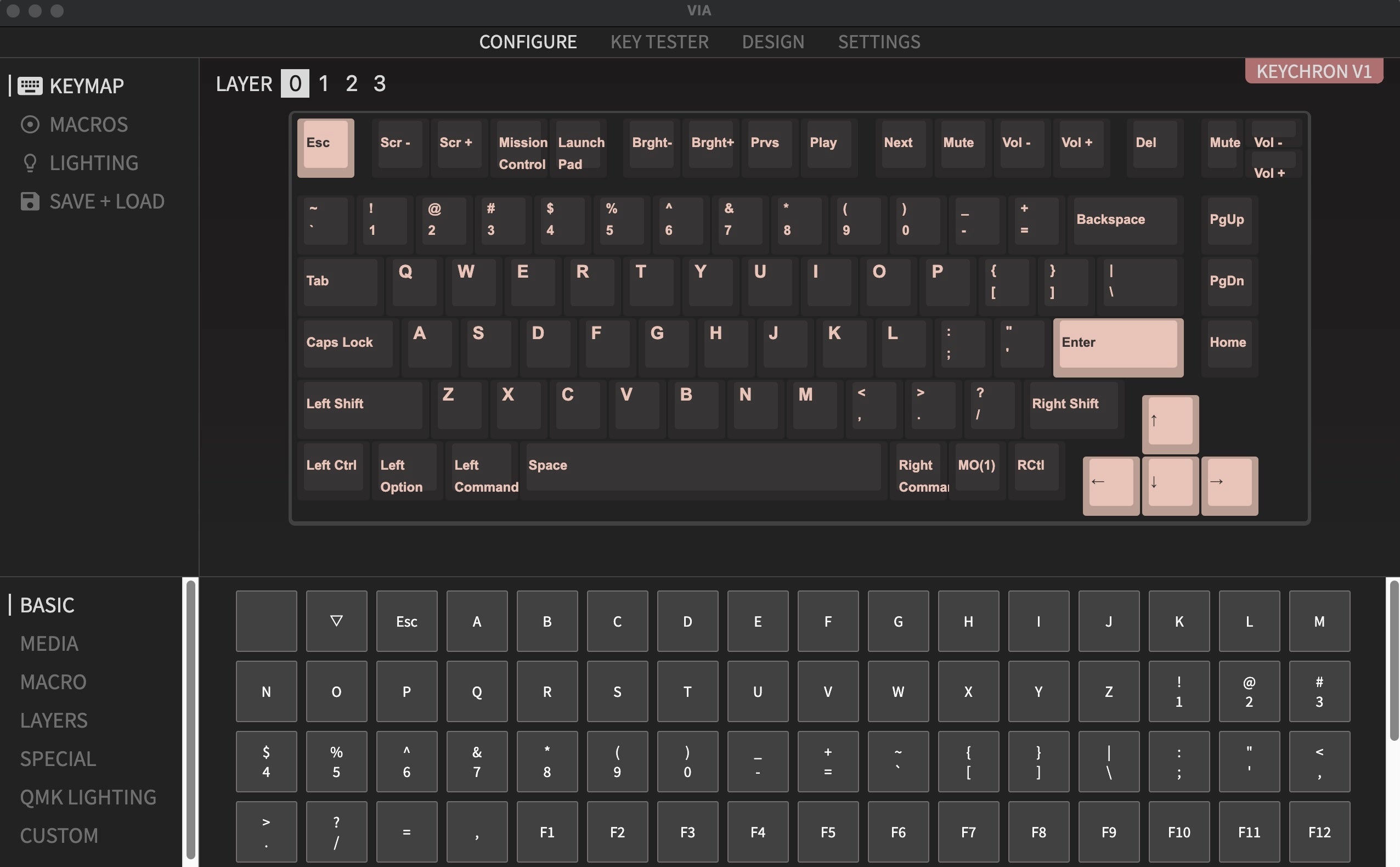QMK VIA screen capture of Keychron V1 Custom Mechanical Keyboard