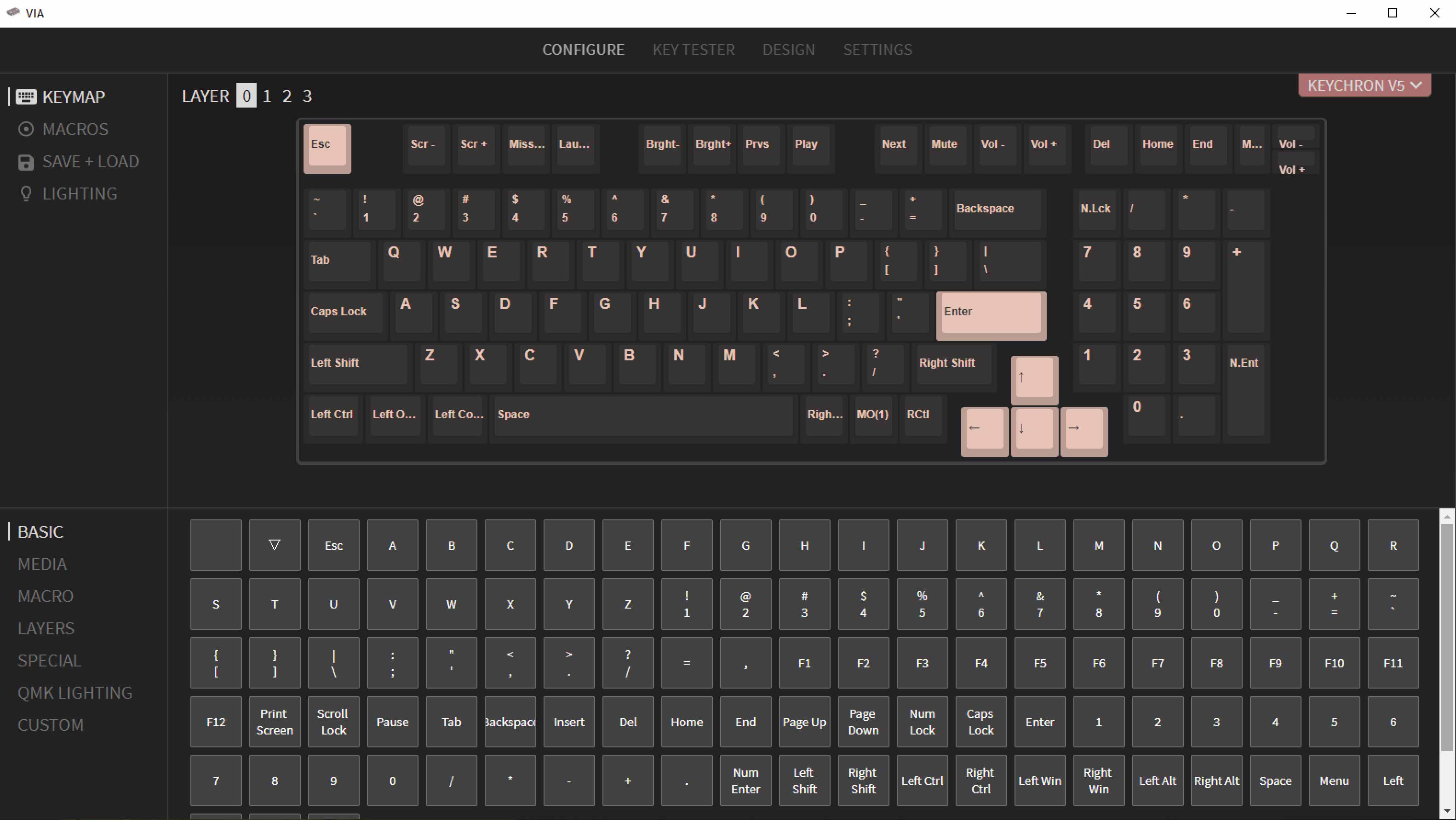 QMK VIA screen capture of Keychron V4 Custom Mechanical Keyboard