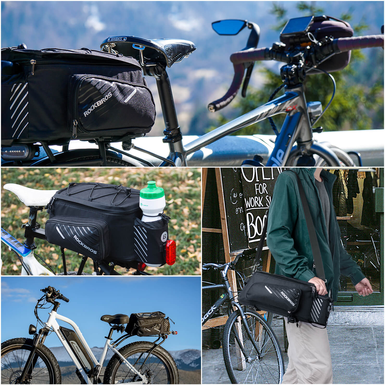 ROCKBROS Fahrrad Gepäckträgertasche Schwarz 9-12L mit 2 faltbare Seitentaschen Details