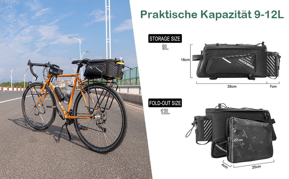 ROCKBROS Fahrrad Gepäckträgertasche Schwarz 9-12L mit 2 faltbare Seitentaschen Details