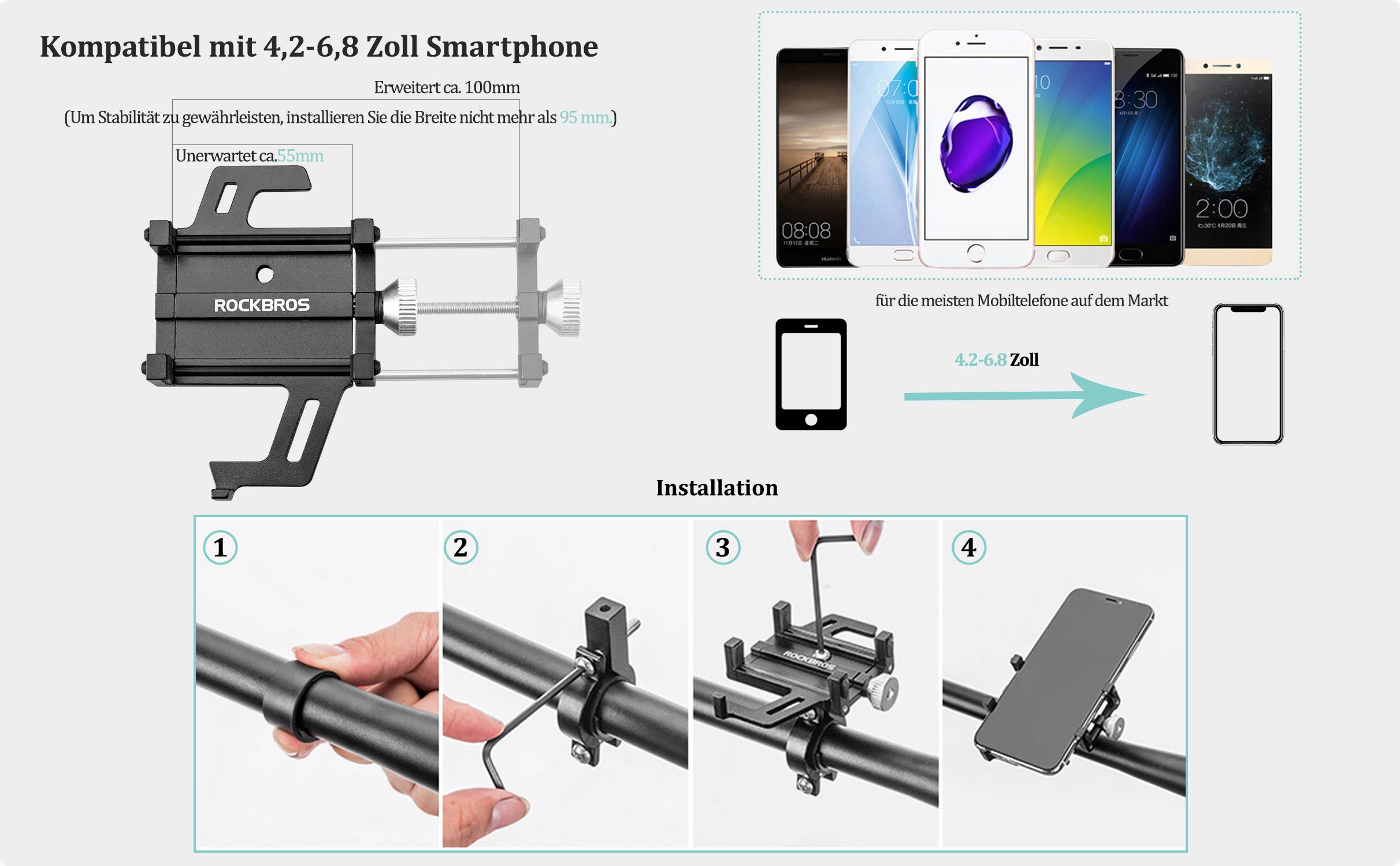 ROCKBROS Fahrrad Motorrad Handyhalterung mit 360 Rotation Clip Details