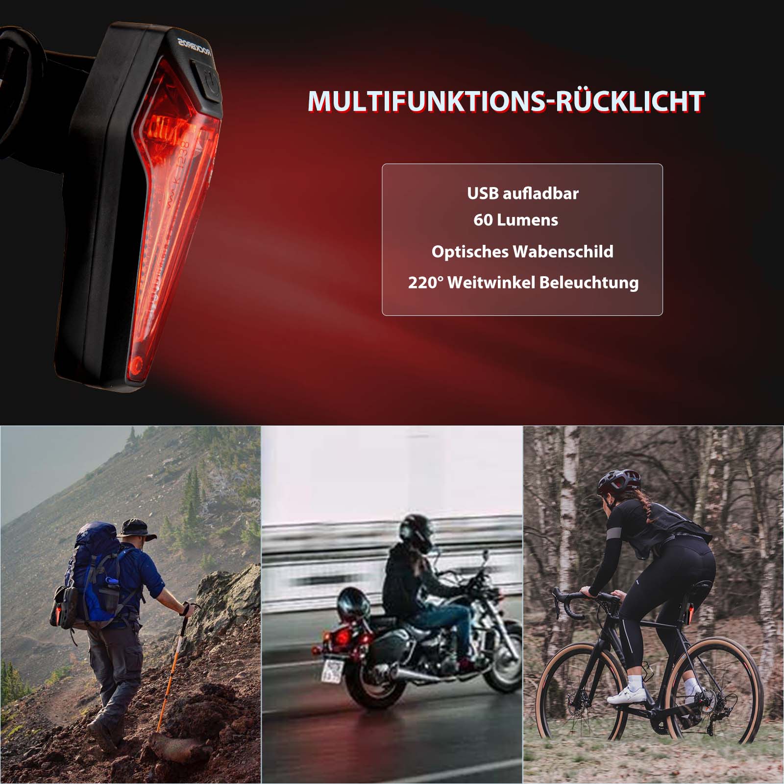 ROCKBROS LED hinten Fahrradlicht Aufladbarer IPX5 Wasserdicht Details