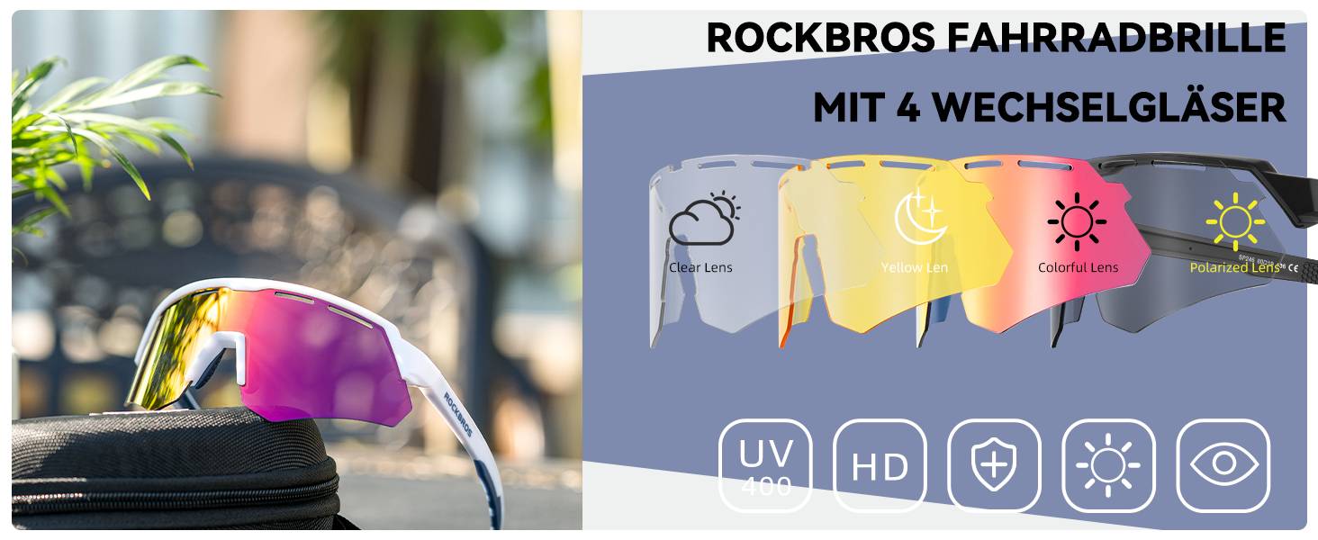 ROCKBROS Polarisierte Fahrradbrille mit 4 Wechselgläser Details