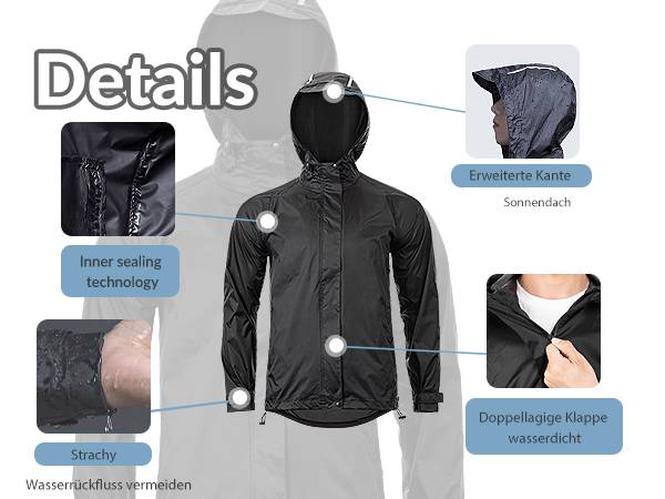 ROCKBROS Radsport Regenmantel wasserdichte Fahrradjacke Schwarz L-4XL Details