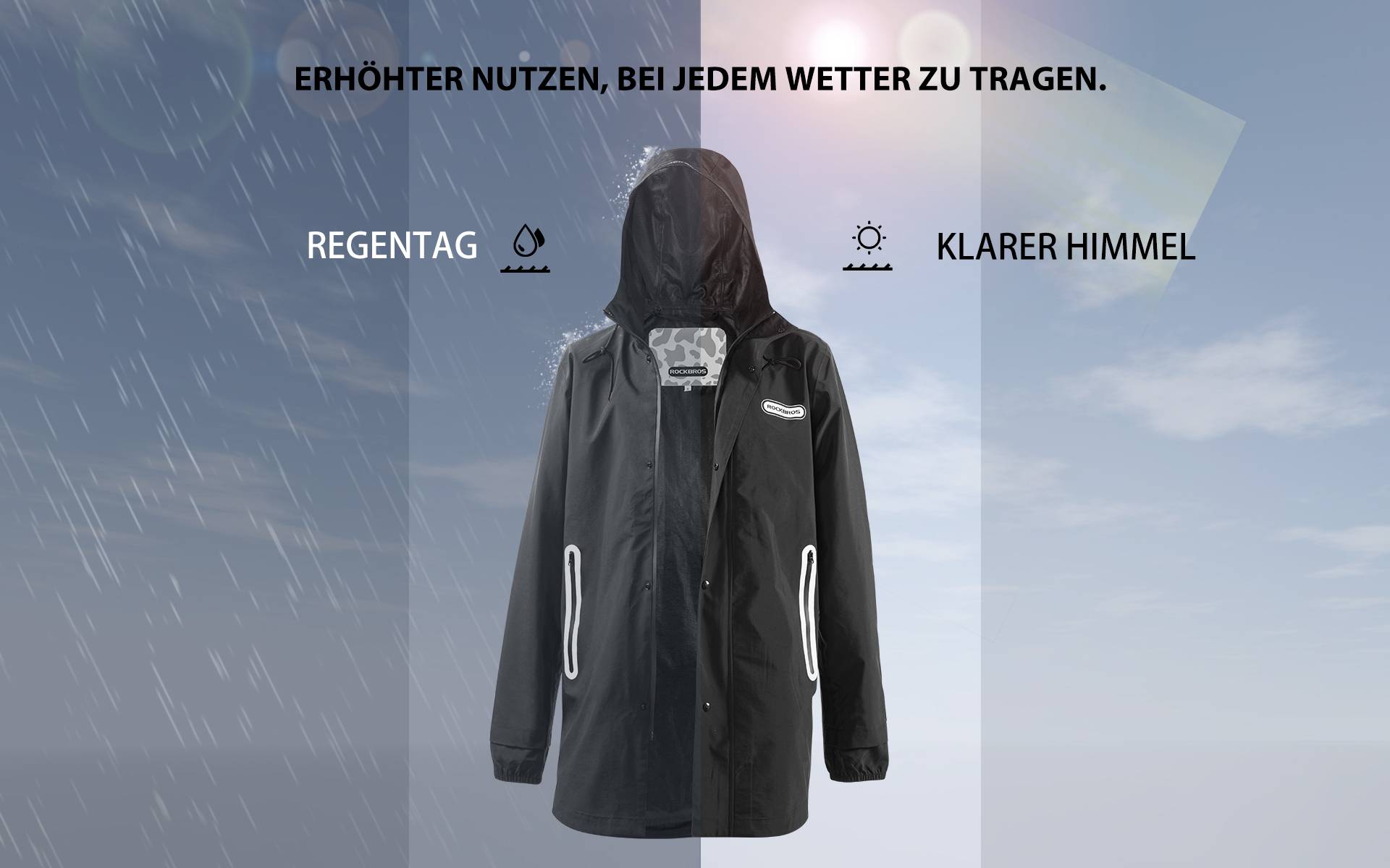 ROCKBROS Regenmantel Wasserdichter Regenponcho Verlängerte Schwarz M-4XL Details