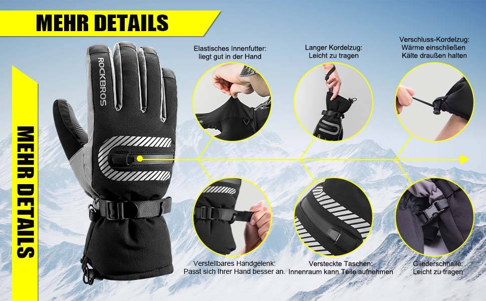 ROCKBROS Ski Gloves 2 in 1 Windproof Warm Gloves Black M-2XL Details