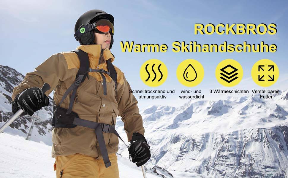 ROCKBROS Skihandschuhe 2 in 1 Winddicht Warme Handschuhe Schwarz M-2XL Details