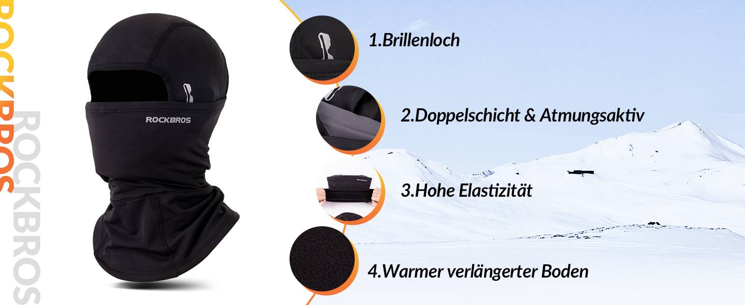 ROCKBROS Winter Balaclava Fahrrad Face mit Brillenloch Unisex Schwarz Details