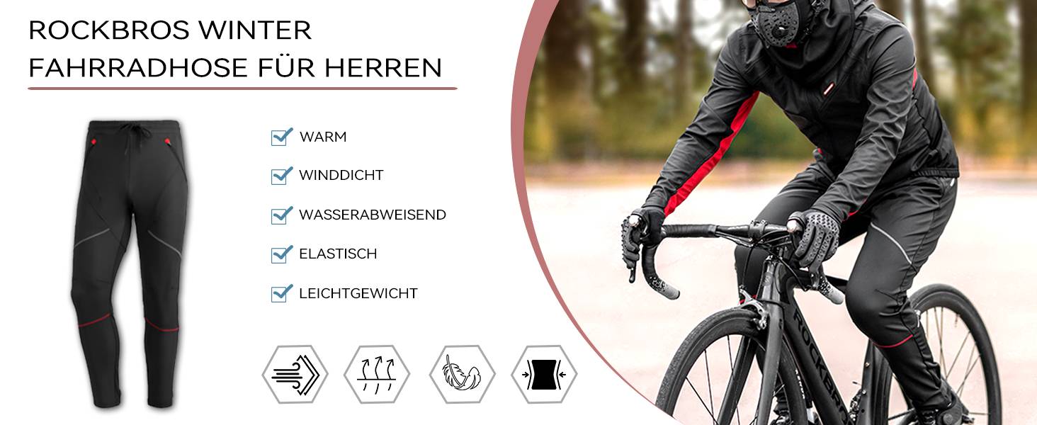 ROCKBROS Winter Fahrradhose Herren Lange Winddicht Warm Schwarz 4XL Details