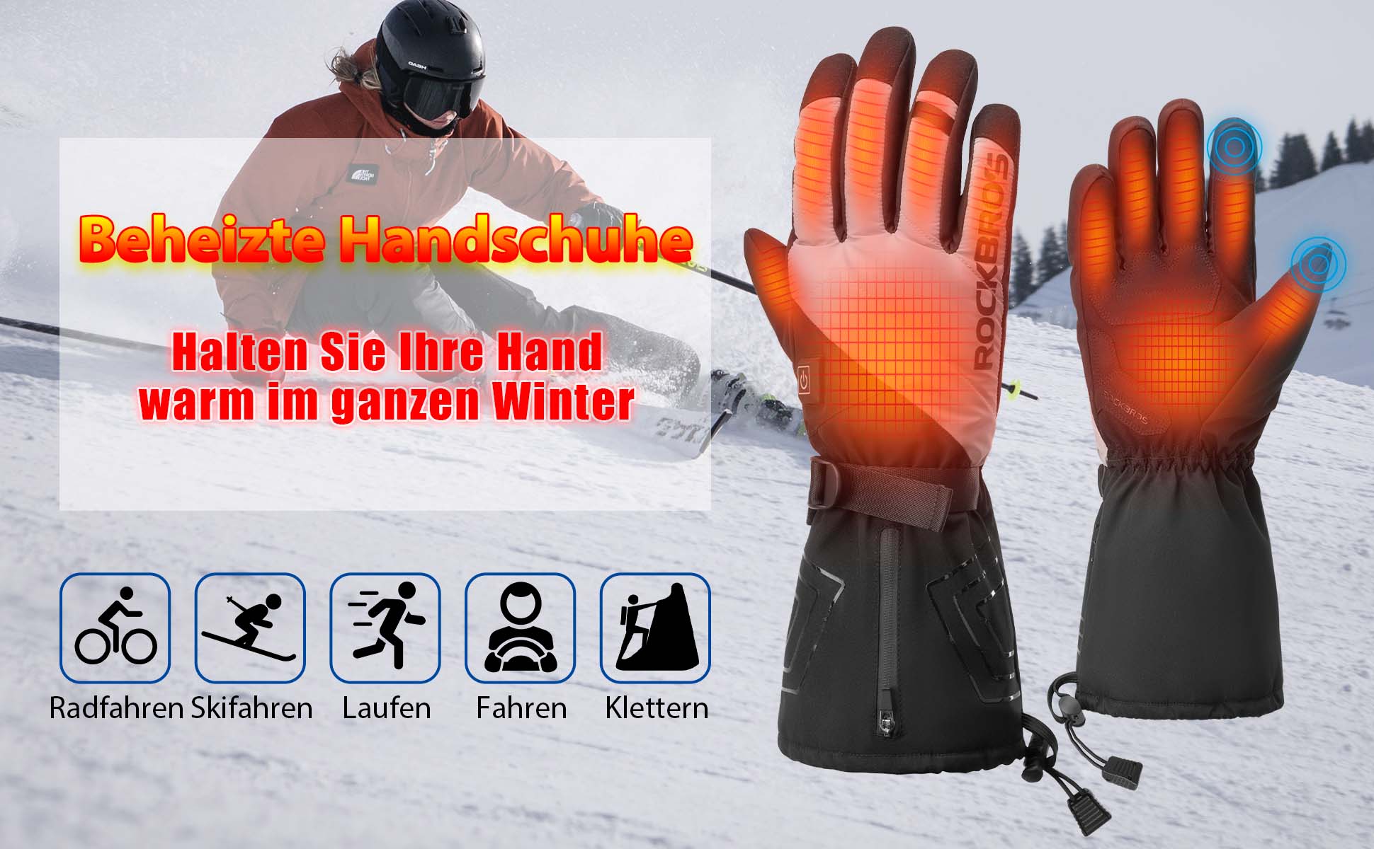 ROCKBROS Winter Handschuhe Beheizbare Fahrradhandschuhe mit Batterie M-XL Details