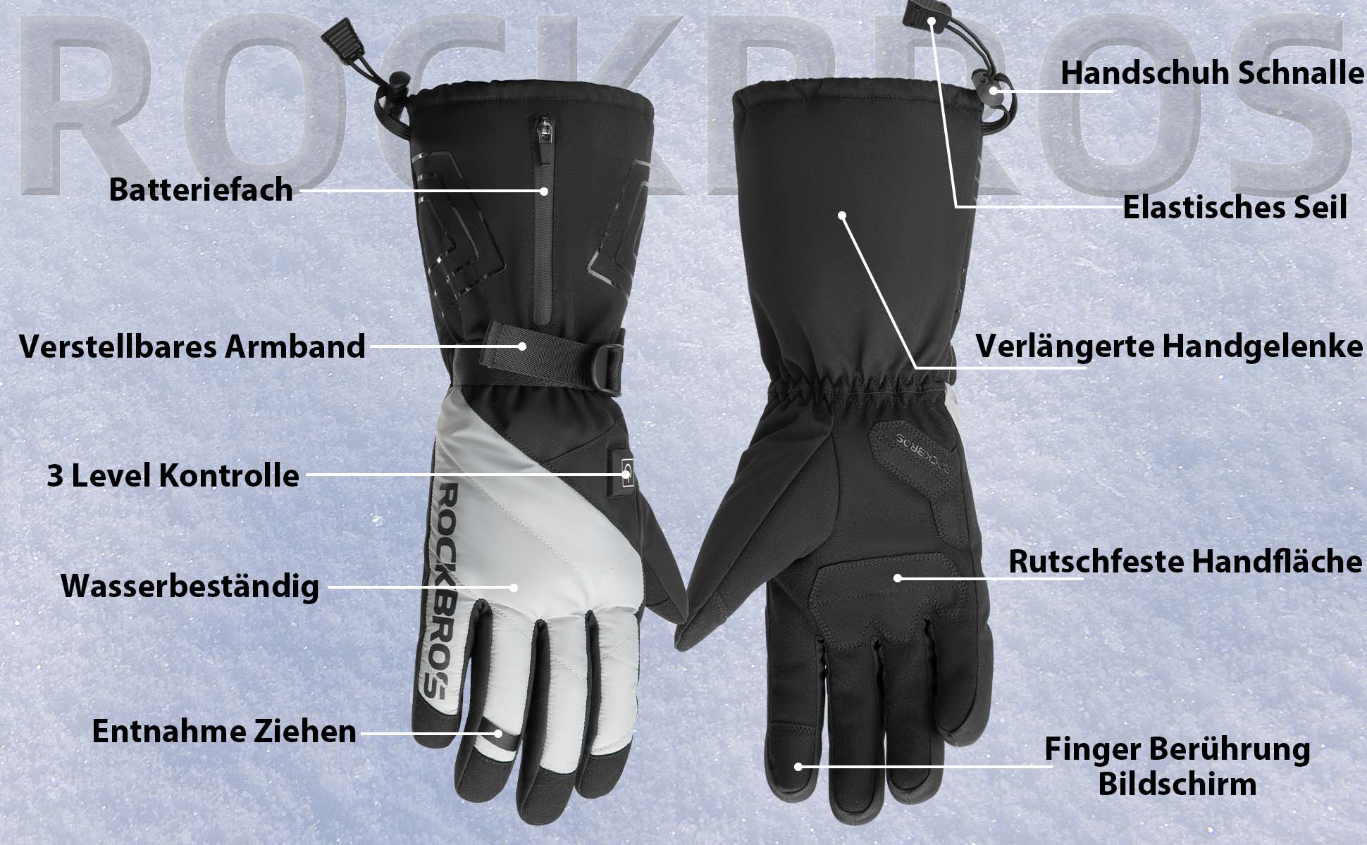 ROCKBROS Winter Handschuhe Beheizbare Fahrradhandschuhe mit Batterie M-XL Details