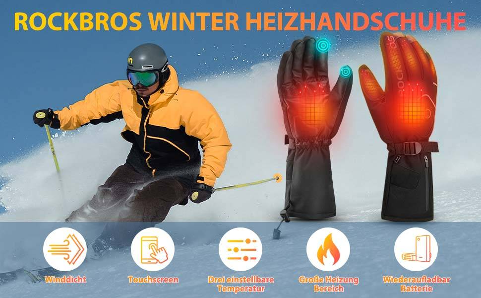 ROCKBROS Winter Skihandschuhe Wiederaufladbare Beheizte Handschuhe Schwarz Details