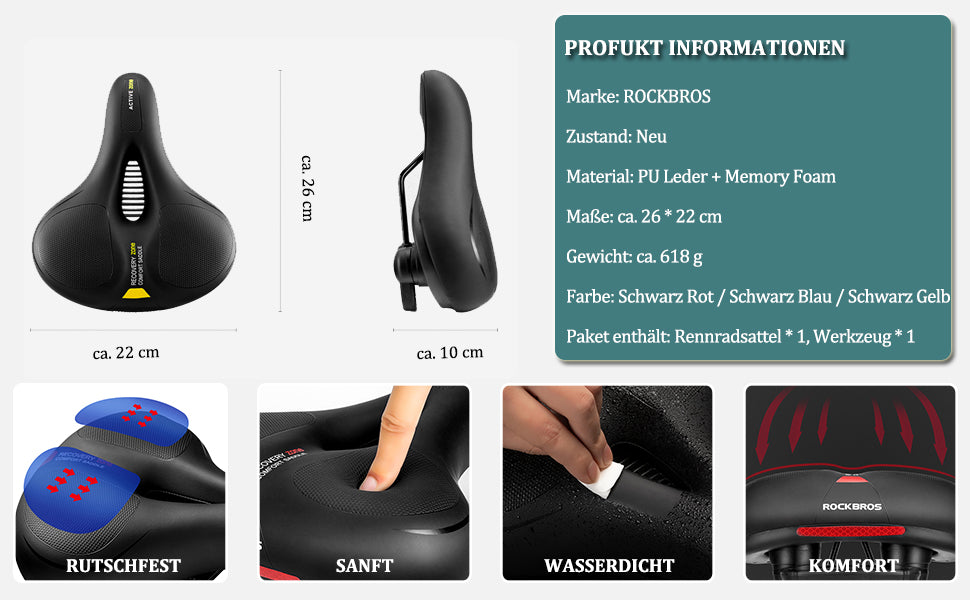 ROCKBROS wasserdicht Fahrradsattel für MTB & Rennrad aus Memory Foam Details