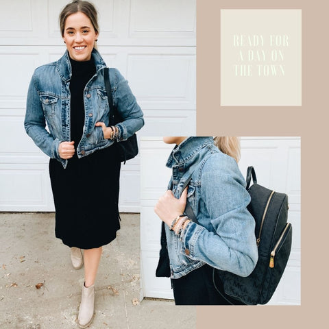 Black Sweater Dress, Layered with a Jean Coat, Half Moon Hex Earrings, Michael Kors Back-Pack, Black Collection Stack, and finished off with some Platform Boots