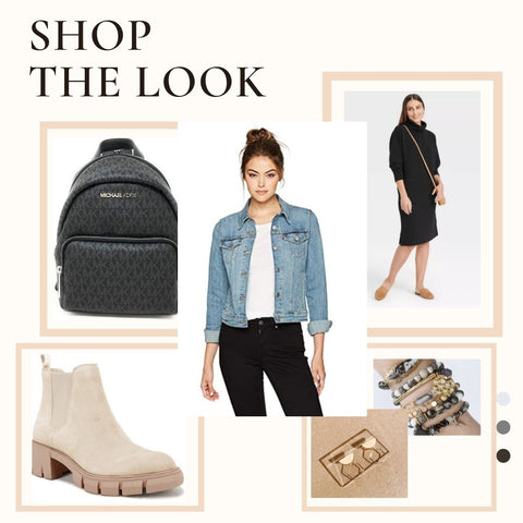 Black Sweater Dress, Layered with a Jean Coat, Half Moon Hex Earrings, Michael Kors Back-Pack, Black Collection Stack, and finished off with some Platform Boots