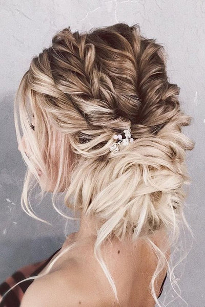 bridal hairstyle, boho braids, floral hairpin