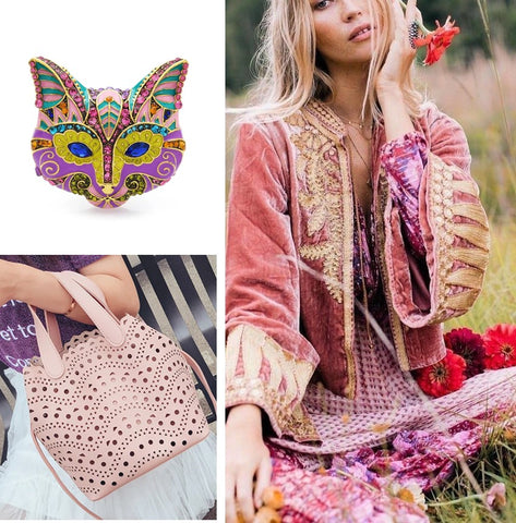 Hippie Chic outfit style inspo Boho Chic pink tote bag cat carnival mask brooch by Montipi