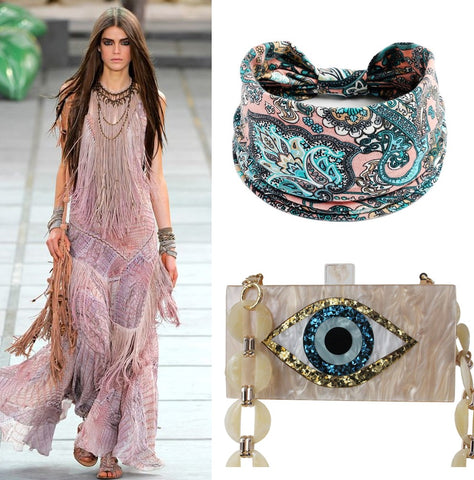 pink maxi dress with fringes Hippie Chic outfit style inspo paisley bandana evil eye clutch bag by Montipi