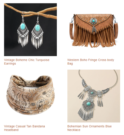 Our Shopping Selection of Fringe cross body bags, boheme chic turquoise earrings, bohemian turquoise necklace, vintage Bandana accessories at MONTIPI