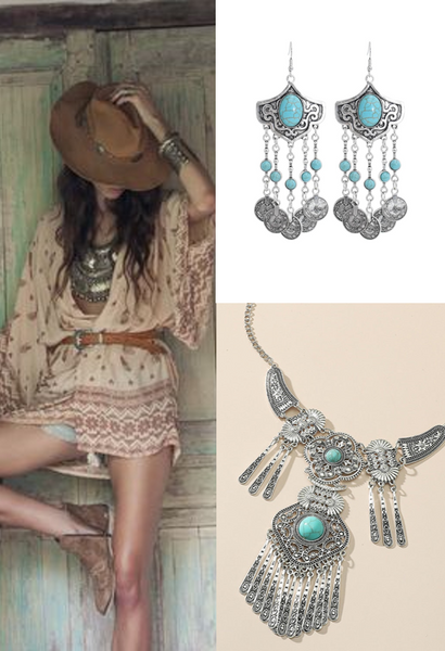 collage of woman in western inspired outfit and bohemian turquoise jewellery from Montipi