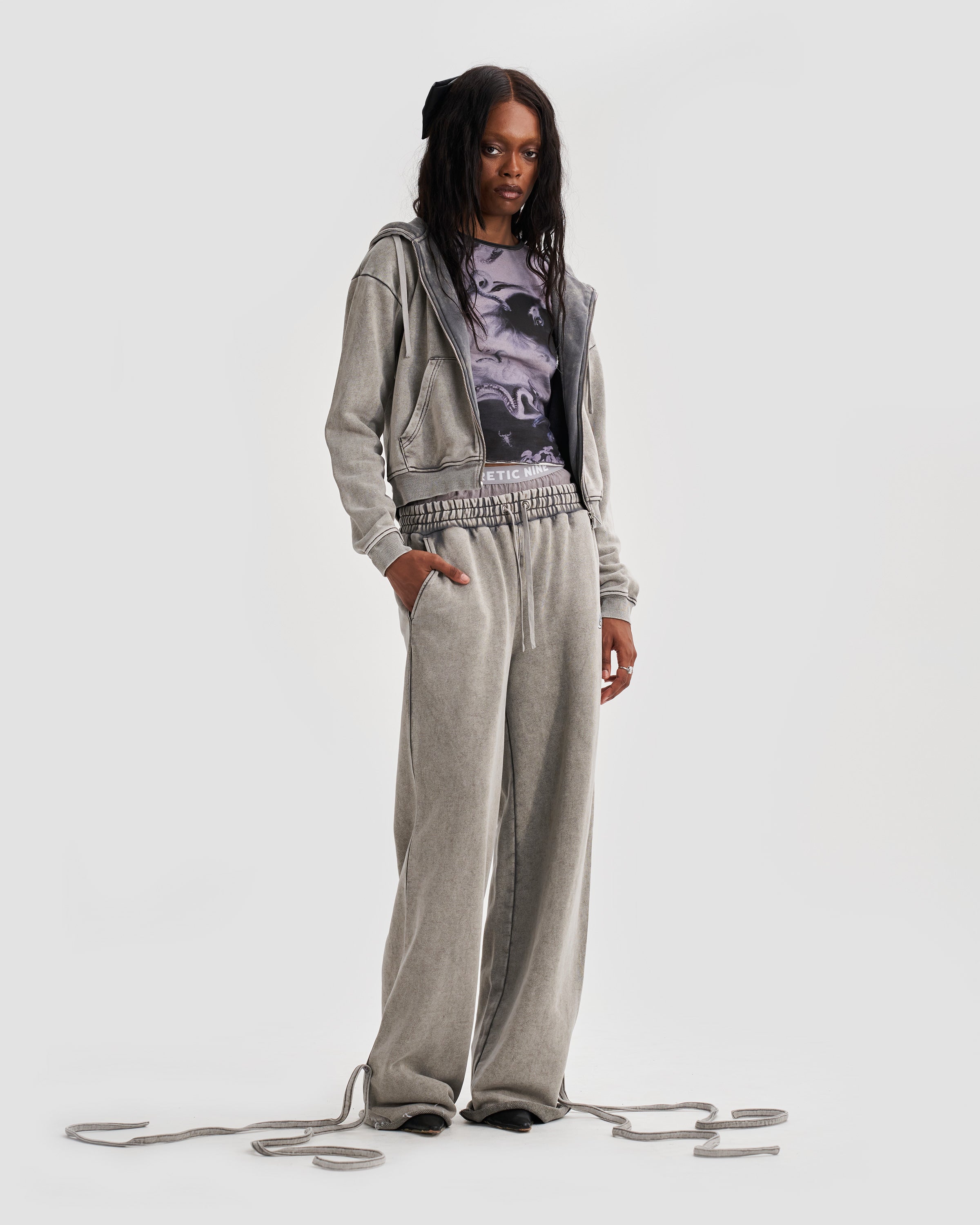 Wide Leg Adjustable Joggers in Stone Washed Grey