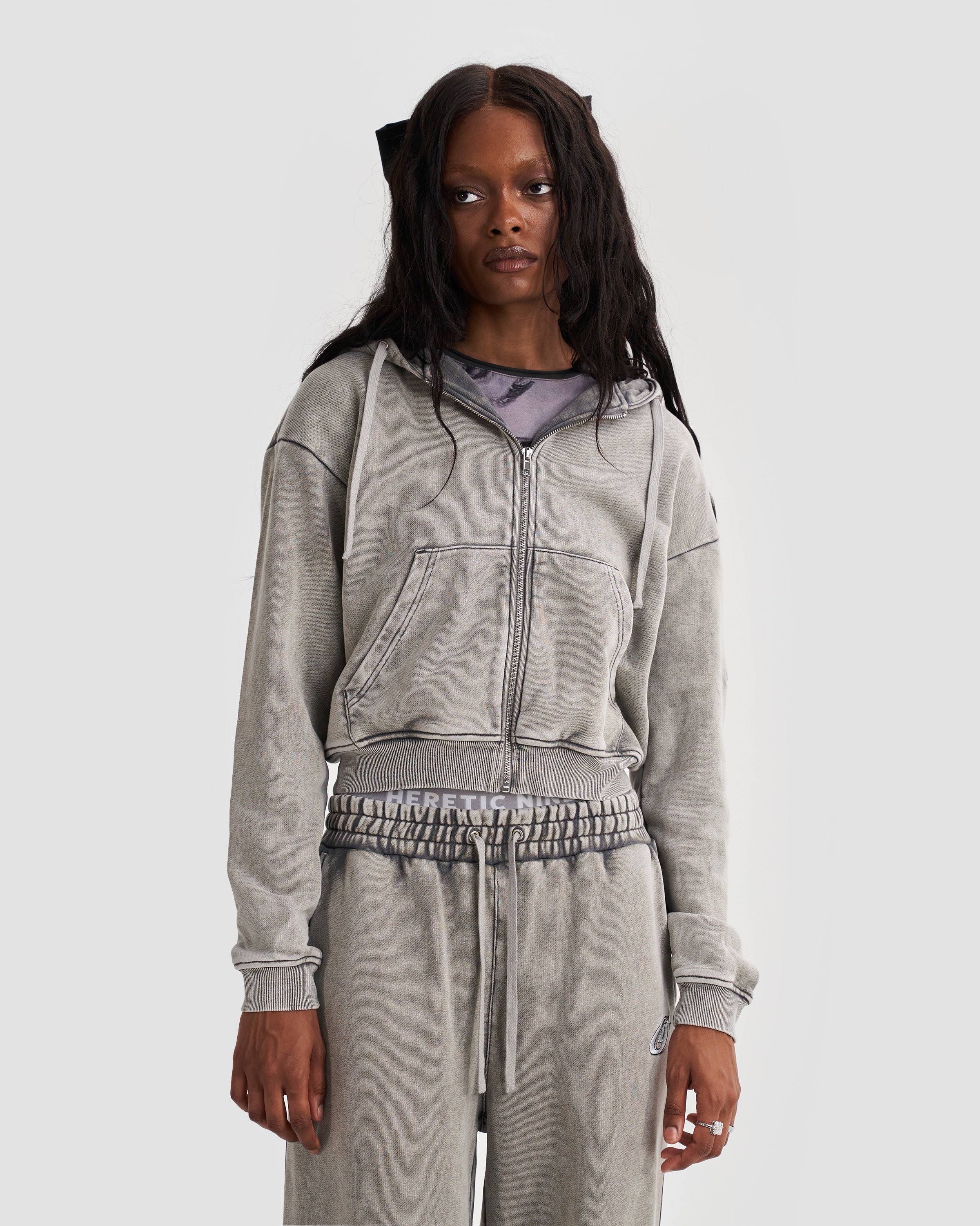 Relaxed Zip Up Hoodie in Stone Washed Grey