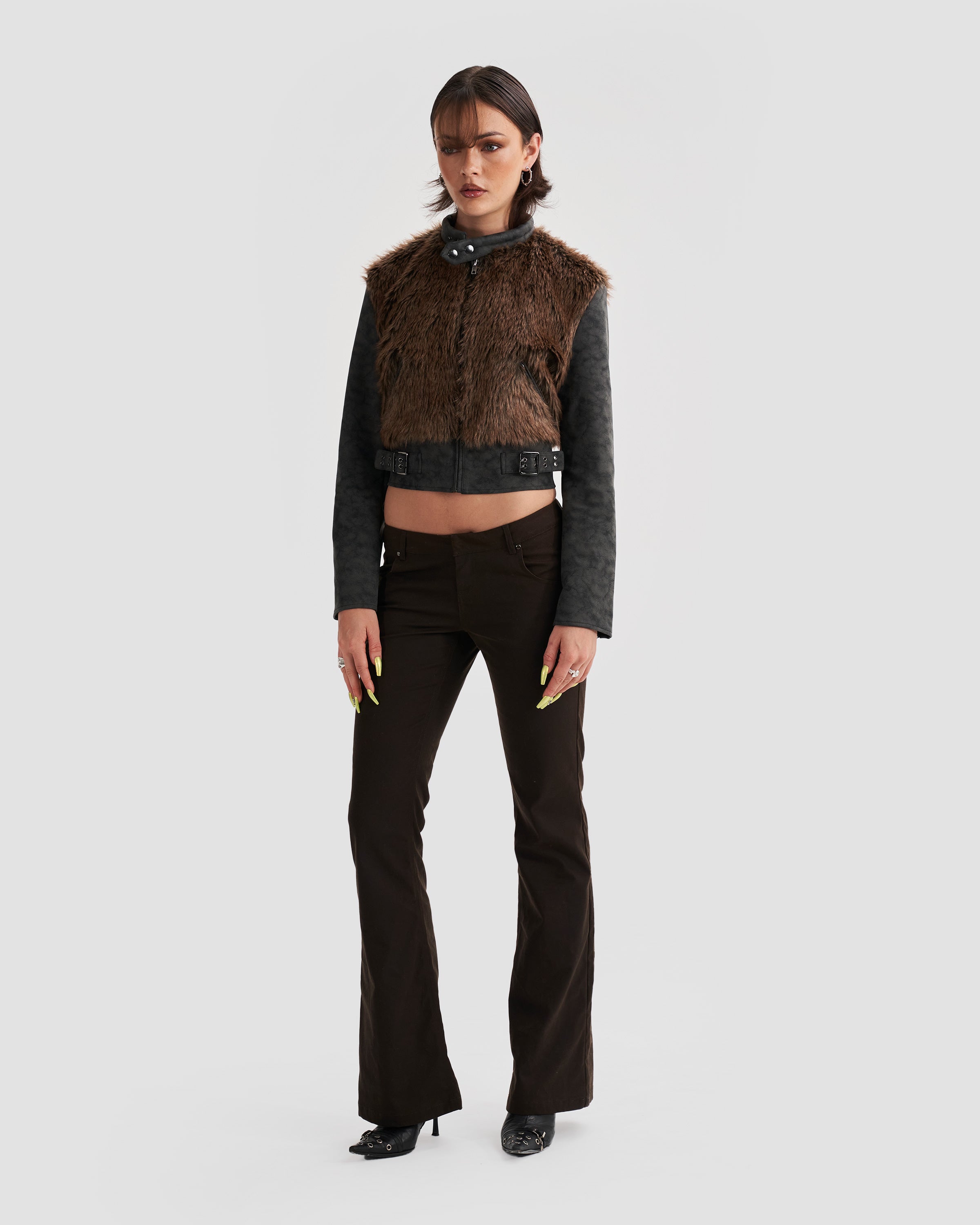 Image of Faux Fur Bomber Jacket with Buckles in Brown